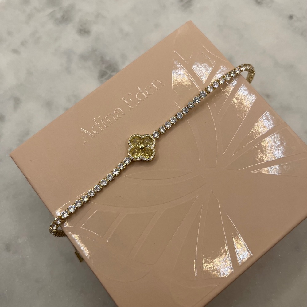 Yellow Clover Pave Tennis Bracelet Adina Eden 14K Gold Plate Rhinestone CZ Jewel